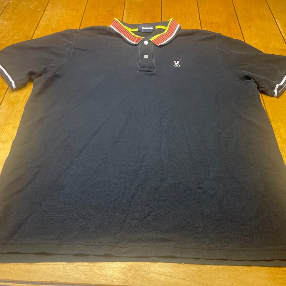 Psycho Bunny Pima Cotton Polo Shirt Size 8 (XL) Color Black with Striped Collar